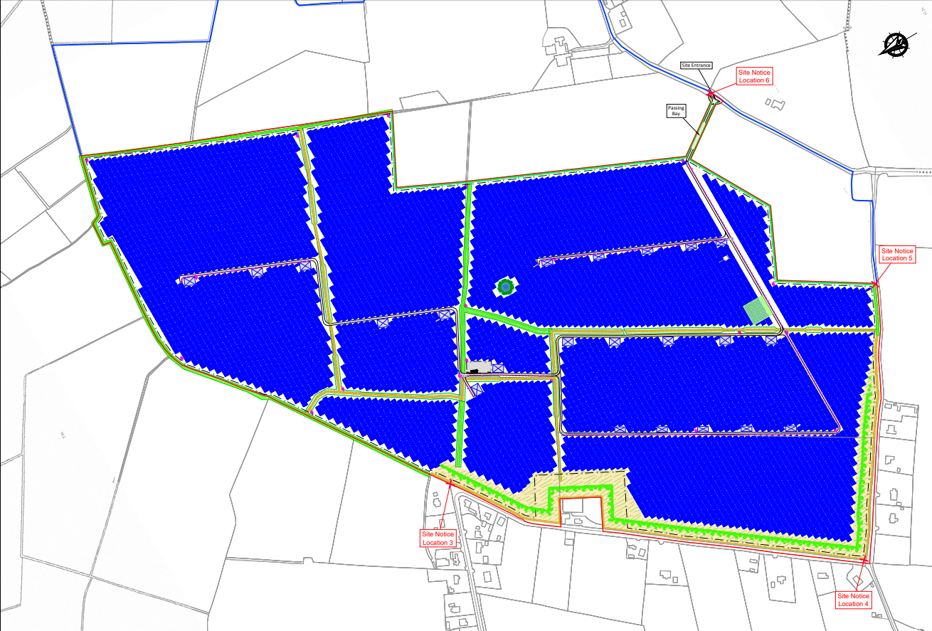 A map illustrating the southern solar farm project's northern parcel. A large area is divided into multiple blue-shaded sections, each enclosed by green and yellow borders. Red lines mark specific paths or boundaries across the map. Various text labels and symbols are present, including a compass rose in the bottom right corner indicating map orientation. 